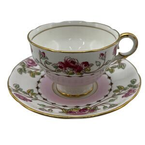 Vintage Adderley England Bone China Teacup and Saucer Pink Flowers Gold Trim